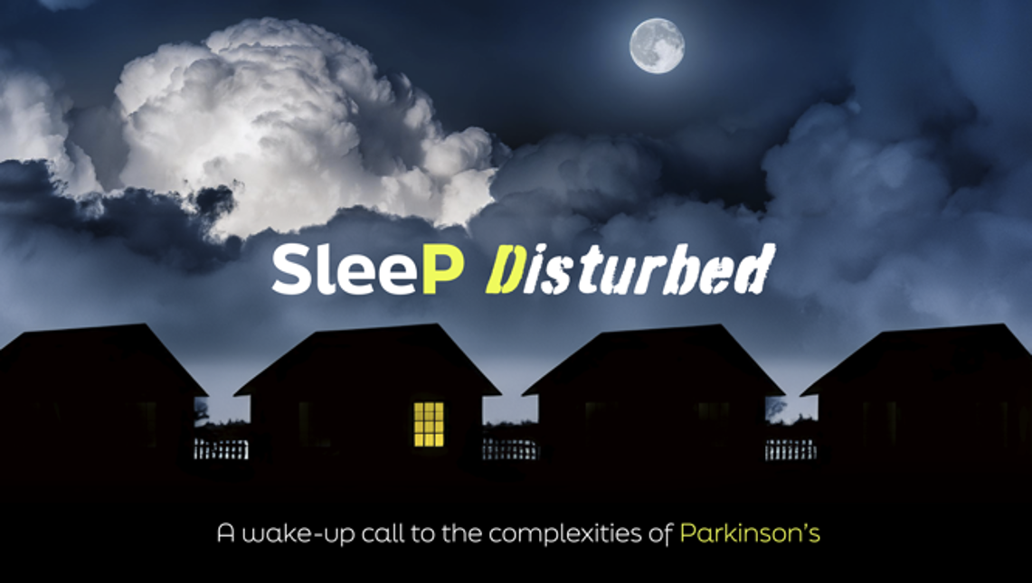 Sleep Disturbed. A wake-up call to the complexities of Parkinson’s. Houses under a cloudy night sky, with a single illuminated window.