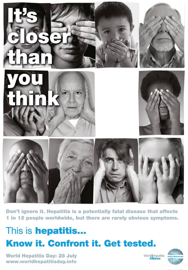 It’s closer than you think. A black-and-white collage of people covering their eyes, ears or mouths. World Hepatitis Day artwork for the World Hepatitis Alliance. This is hepatitis. Know it. Confront it. Get tested.